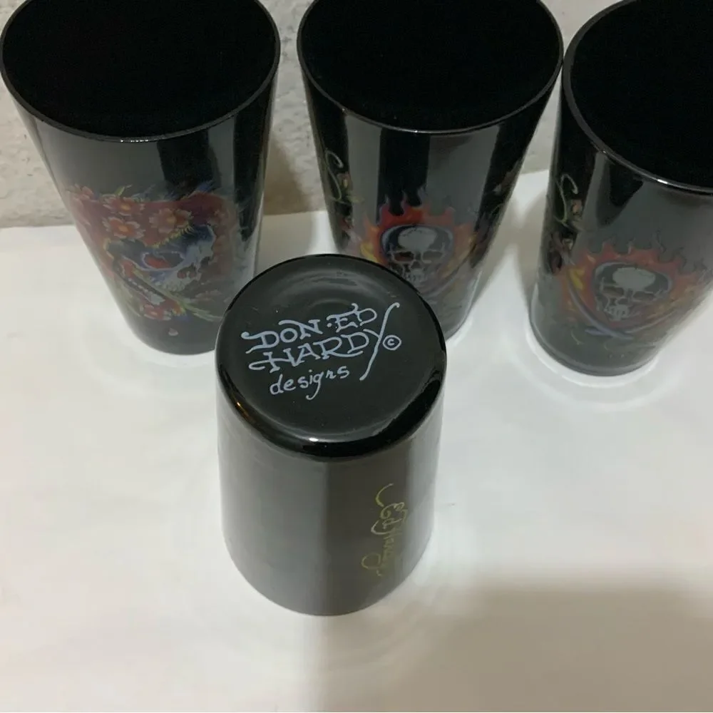 Ed Hardy Designs Black Drinking Glass Tumblers set of 4